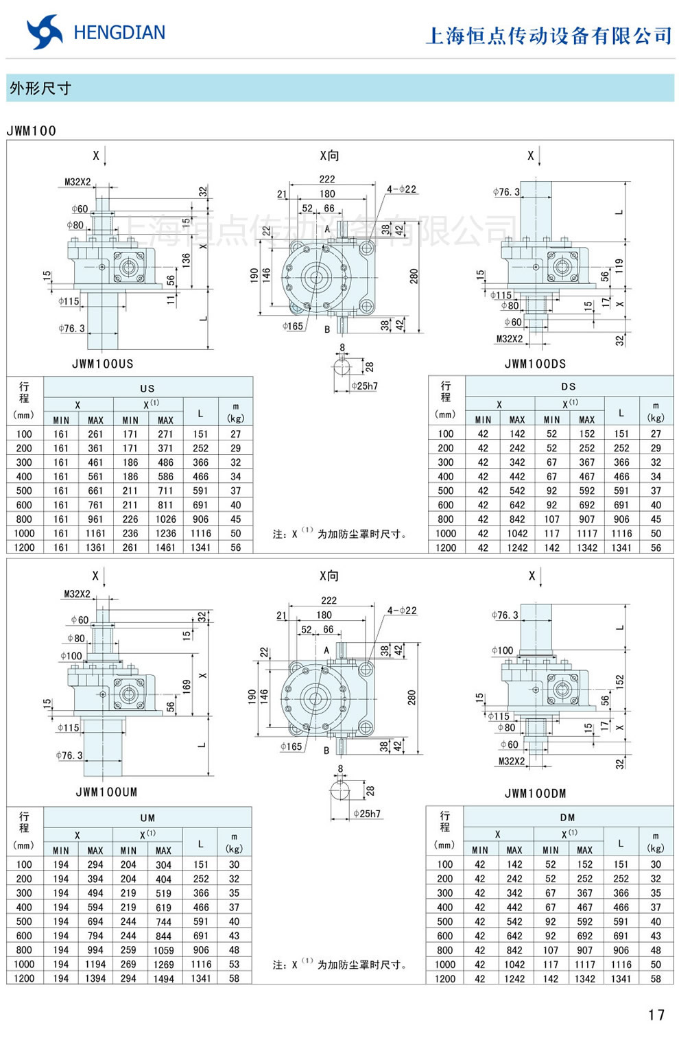 JWM螺旋升降機的外形尺寸 JWM100