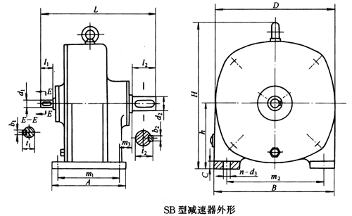 SB系列雙擺線針輪減速機外形及安裝尺寸、針齒中心圓直徑及傳動比