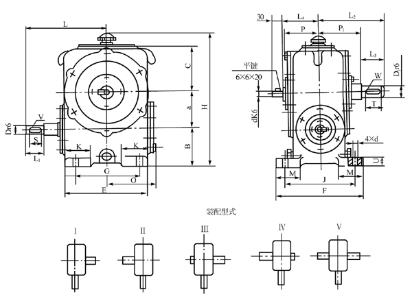 圓柱蝸杆減速器的外形、安裝尺寸及裝配形式